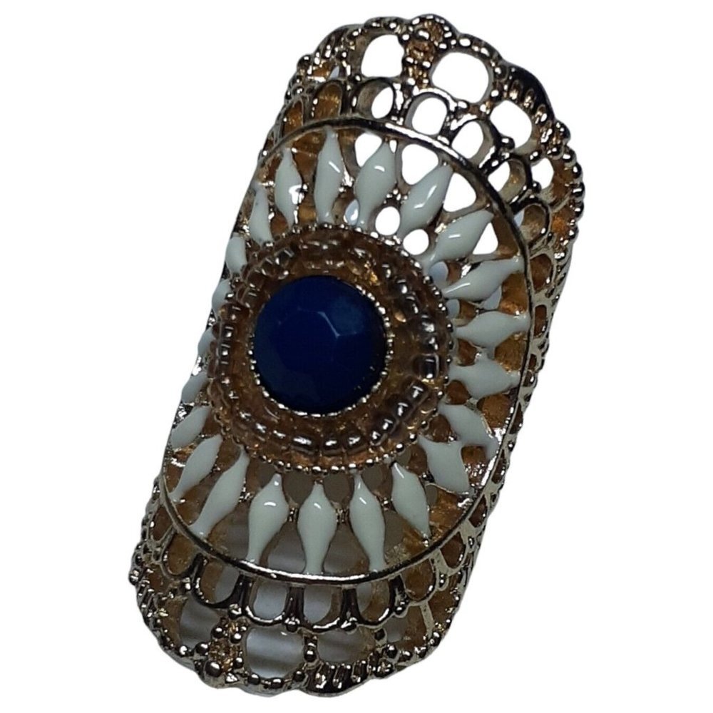 VTG Saddle Ring Bohemian Openwork Enameled Faceted Deep Blue Faceted Rhinestone